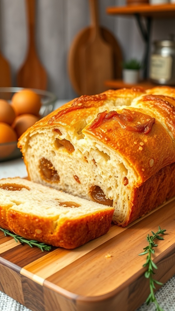 A golden brown savory onion loaf sliced to show caramelized onions, on a wooden cutting board with thyme.